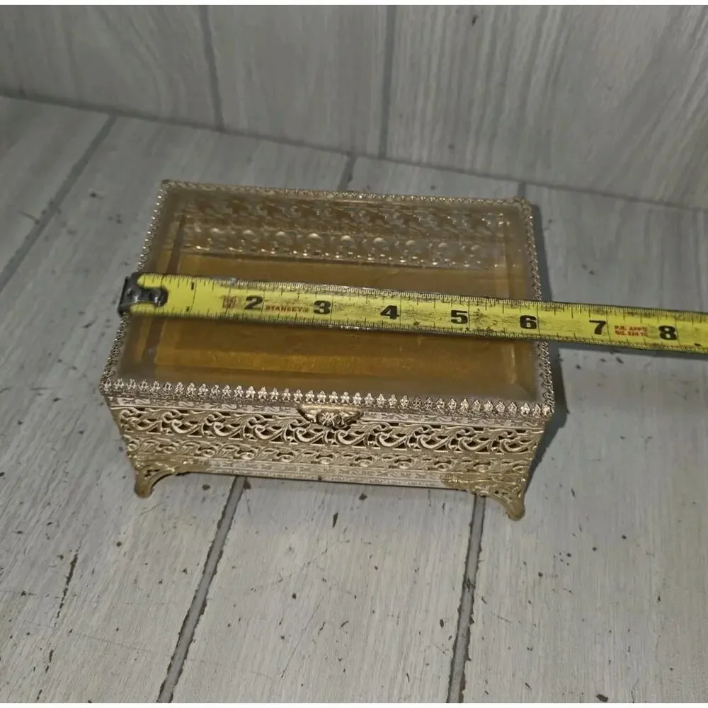 Vintage Antique Gilt Filigree Velvet Lined Beveled Glass Jewelry Box Victorian